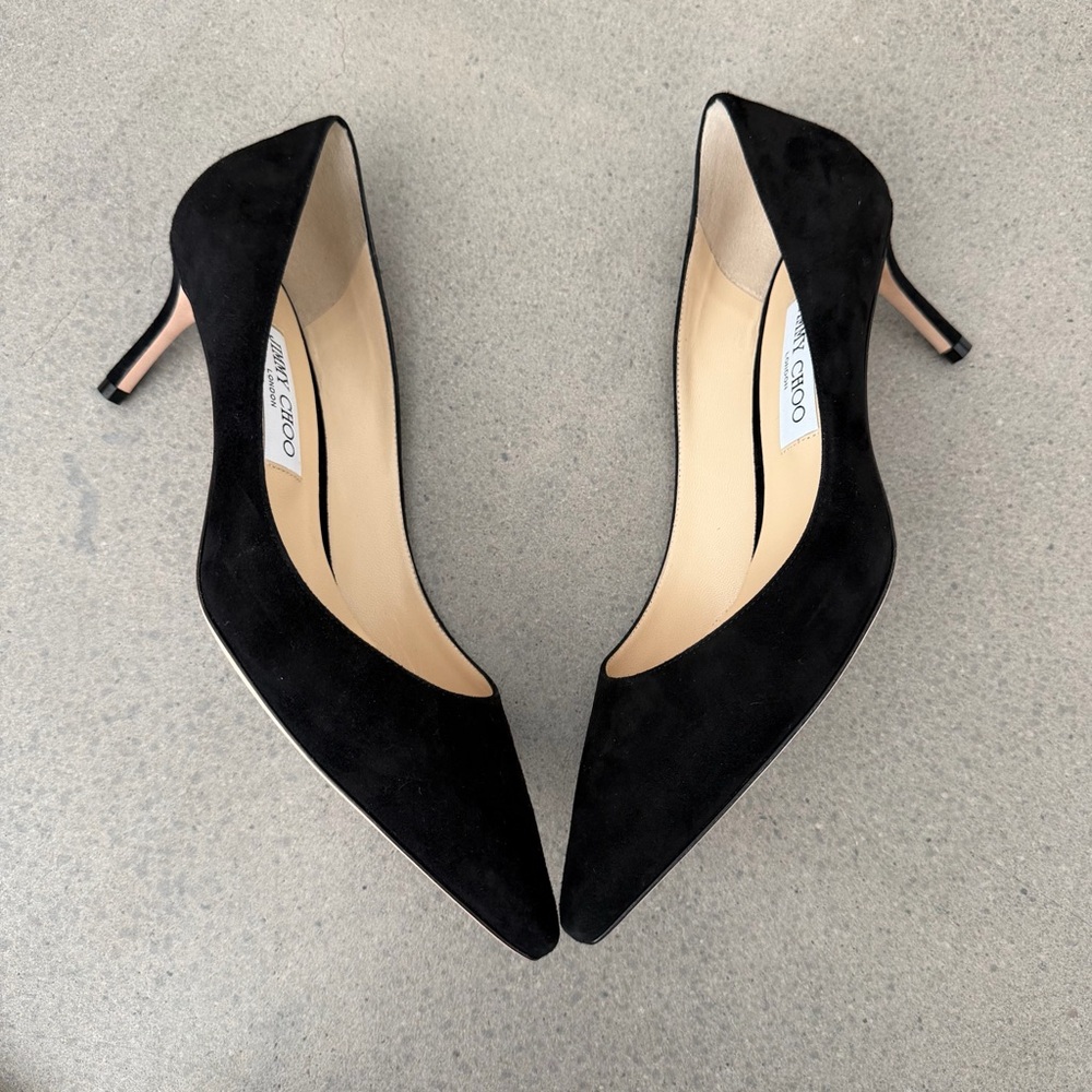 Jimmy Choo Romy 60 Black Suede Pumps Pointed Toe Kitten Heel Classic Work Heels